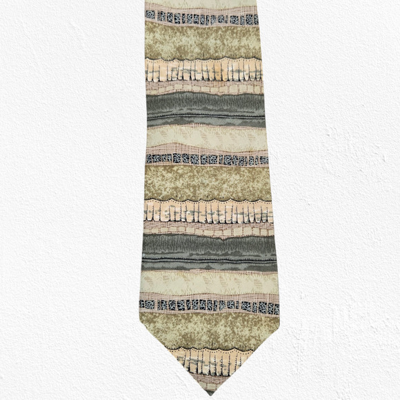 1990s Vintage Christopher Reeve Tan Striped USA Made Silk Neck Tie 3.75 x 60 - Picture 1 of 6